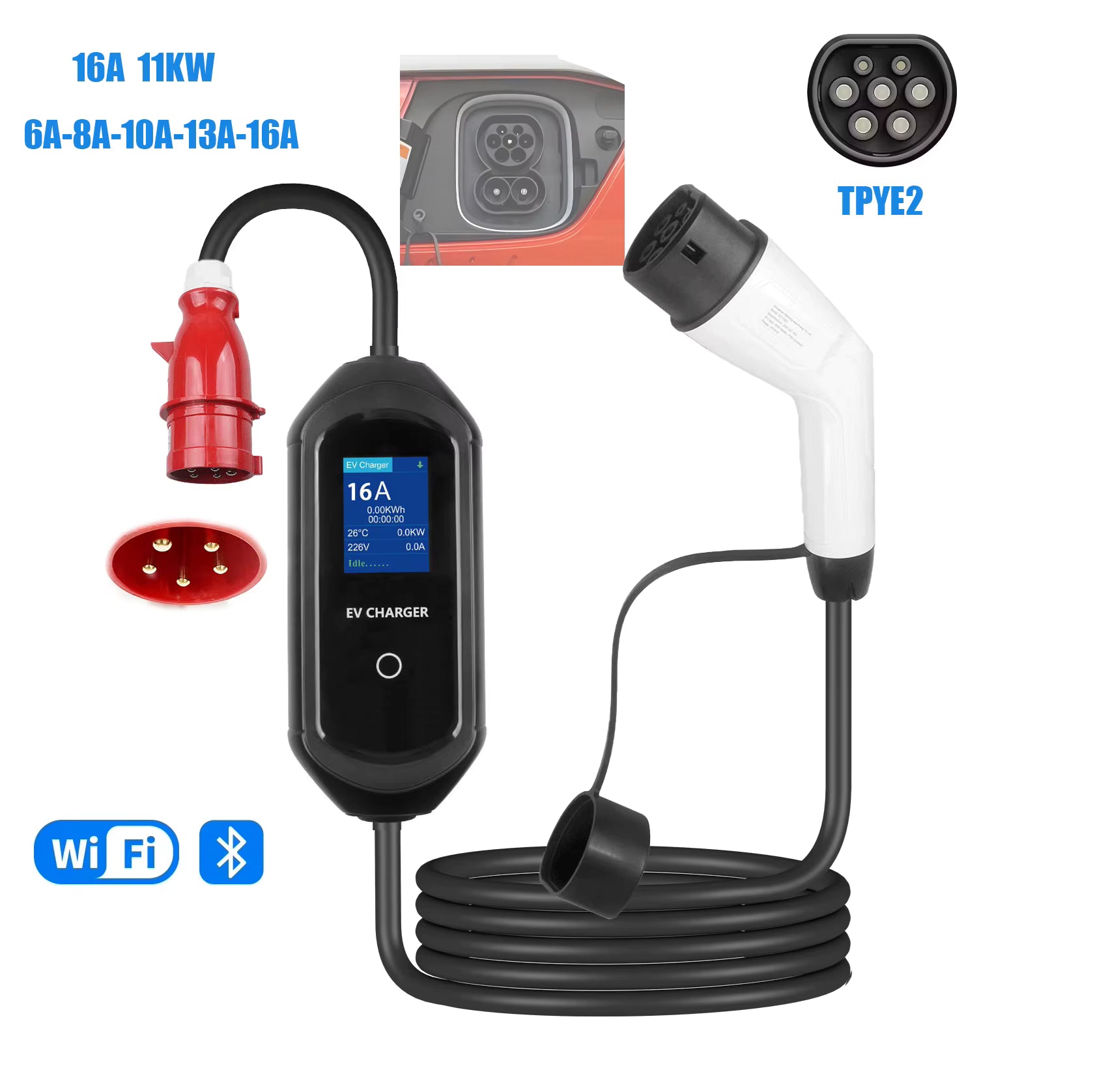 מטען נייד תלת־פאזי לרכב חשמלי 11kW עם חיבור לאפליקציה